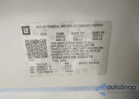 2020 Chevrolet Equinox Fwd Lt 1.5L Turbo из США, поврежденный, VIN 2GNAXKEV9L6155276